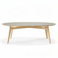 Table basse ovale en bois clair et feuilleté dimensions 120 x 80 x 75cm