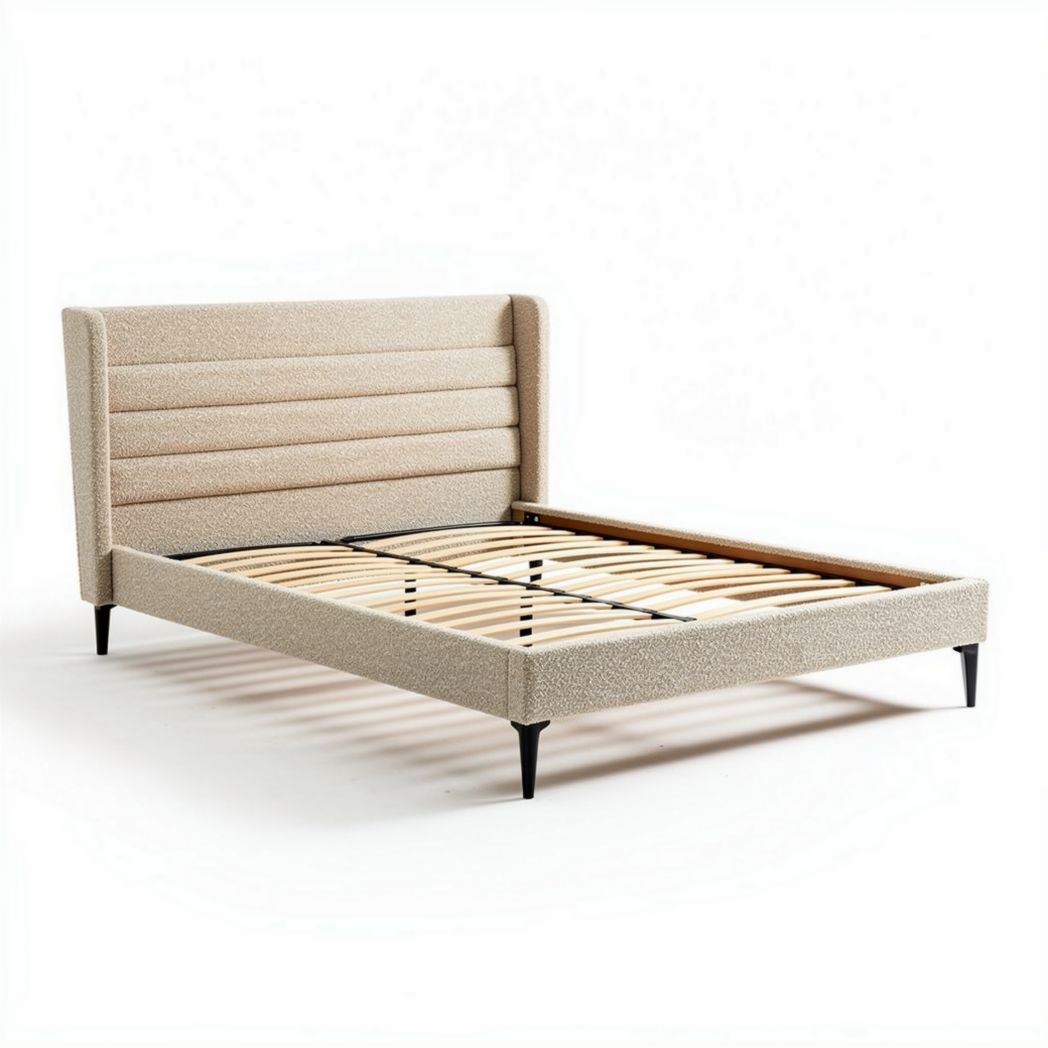 Lit en tissu beige avec tête de lit capitonnée et sommier à lattes 200 x 160 x 110cm