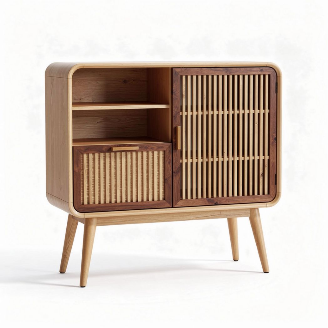 Meuble de rangement en bois naturel avec portes en rotin 80 x 40 x 90cm