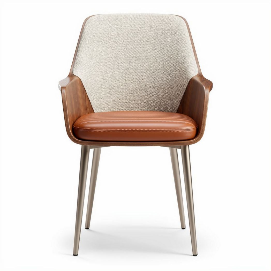 Chaise ergonomique en bois avec accoudoirs et revêtement en tissu beige et cuir marron 55 x 50 x 80cm