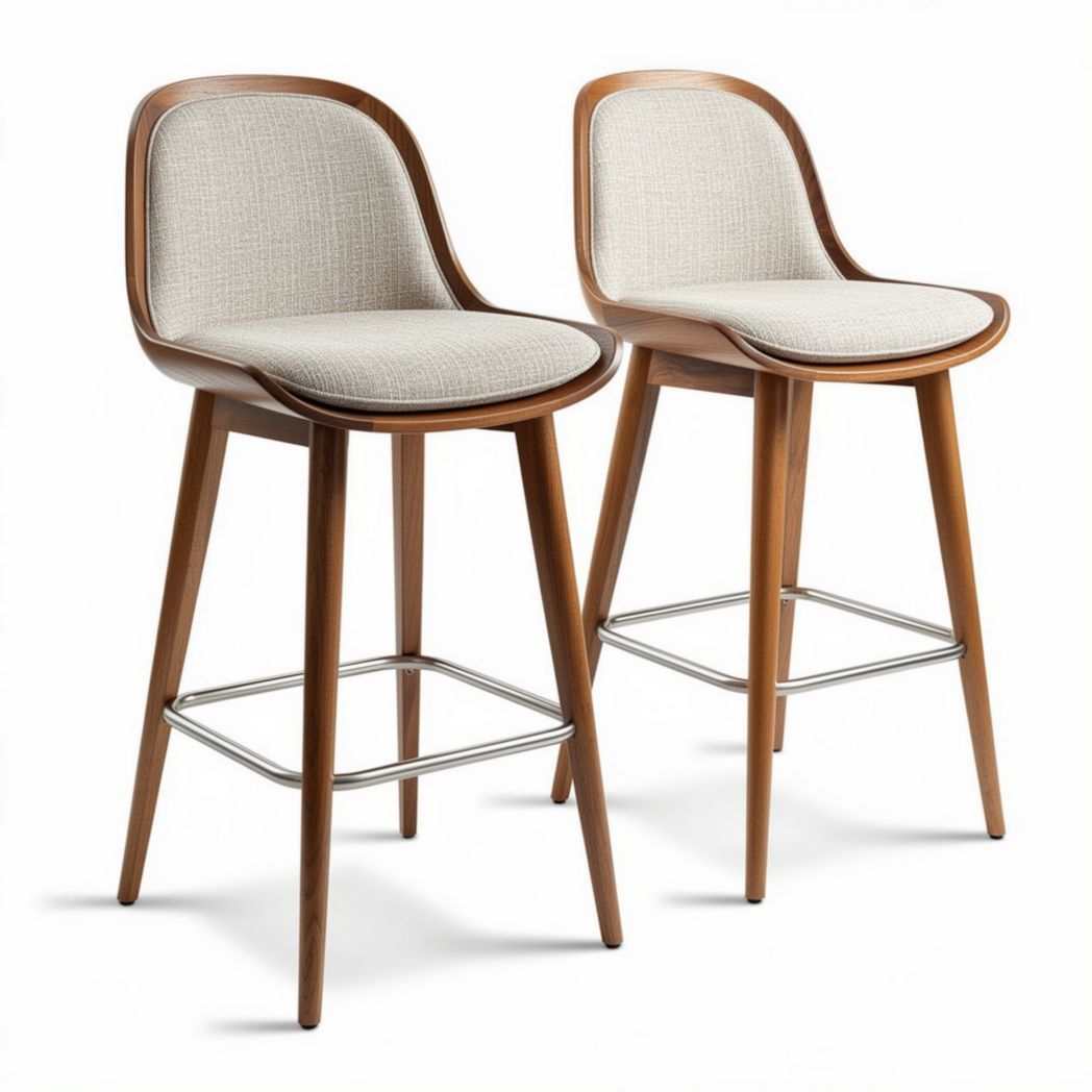 Tabourets de bar en bois avec assise en tissu beige dimensions 45 x 45 x 100cm
