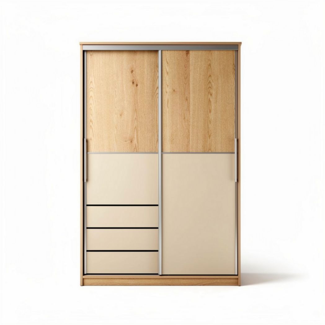 Armoire en bois avec portes coulissantes et tiroirs beige 150 x 60 x 200cm