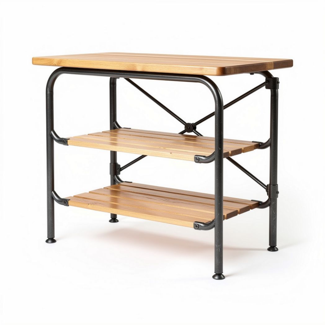 Table de cuisine en bois bambou avec étagères en métal 90 x 60 x 75cm