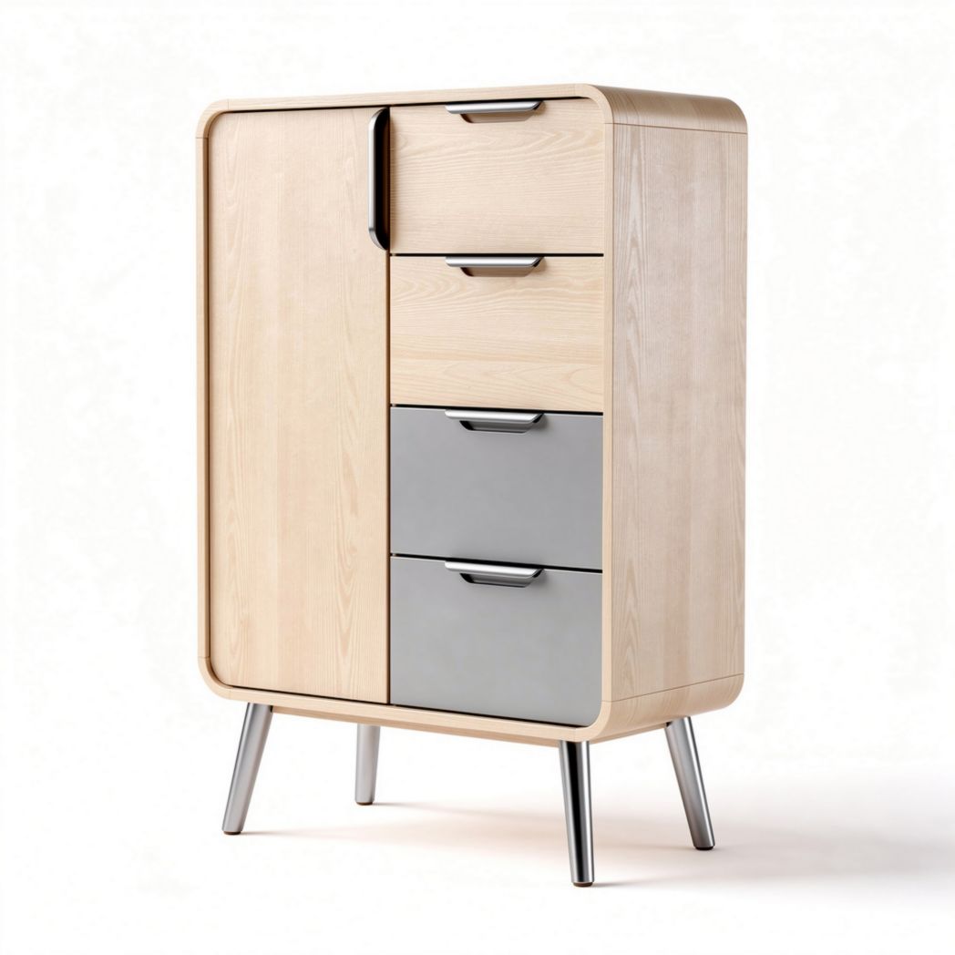Meuble de rangement en bois clair avec tiroirs en métal 80 x 40 x 120cm