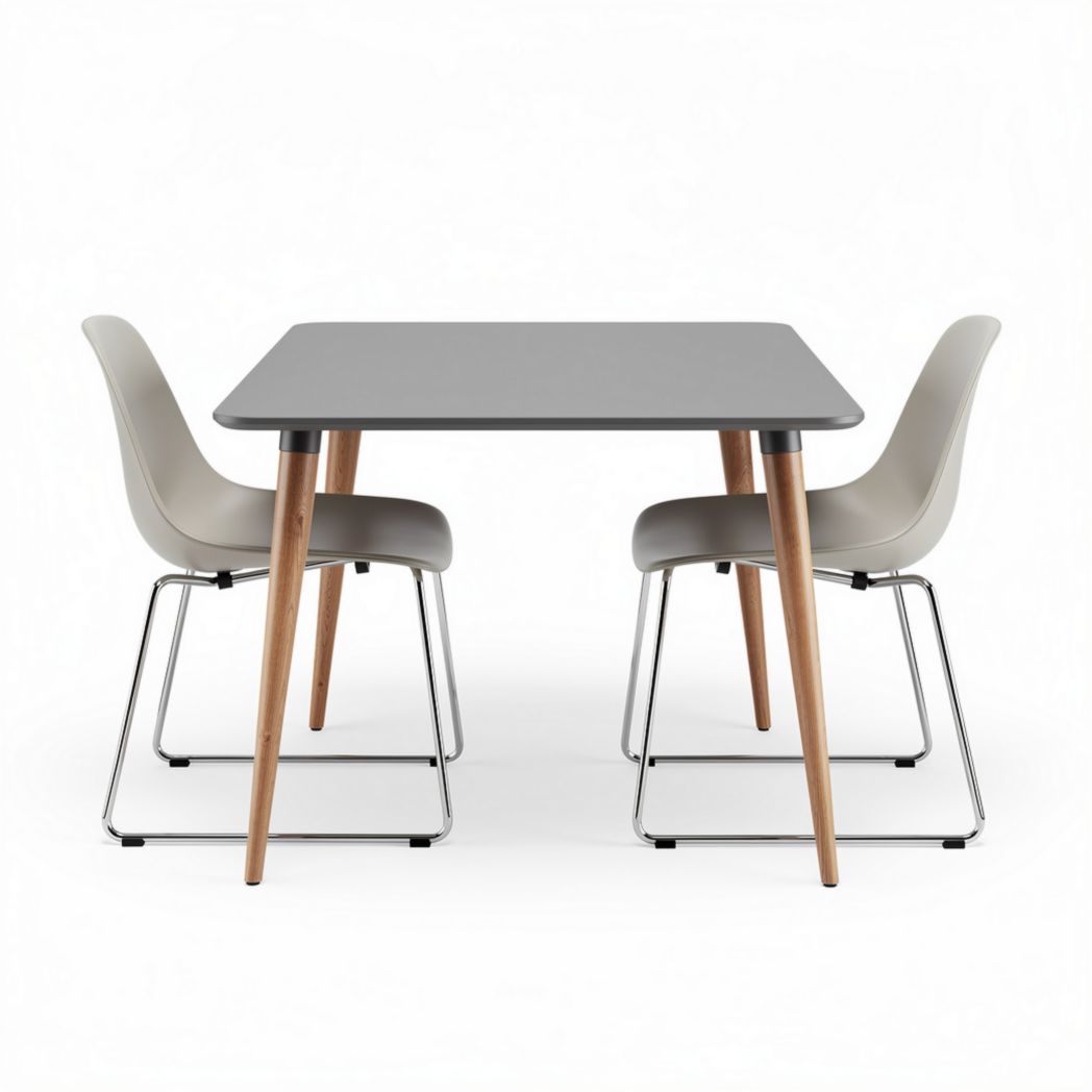 Table rectangulaire en bois et métal avec deux chaises grises 120 x 80 x 75cm