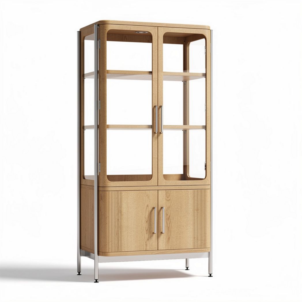 Vitrine en bois naturel avec portes en verre et rangement inférieur 180 x 80 x 40cm